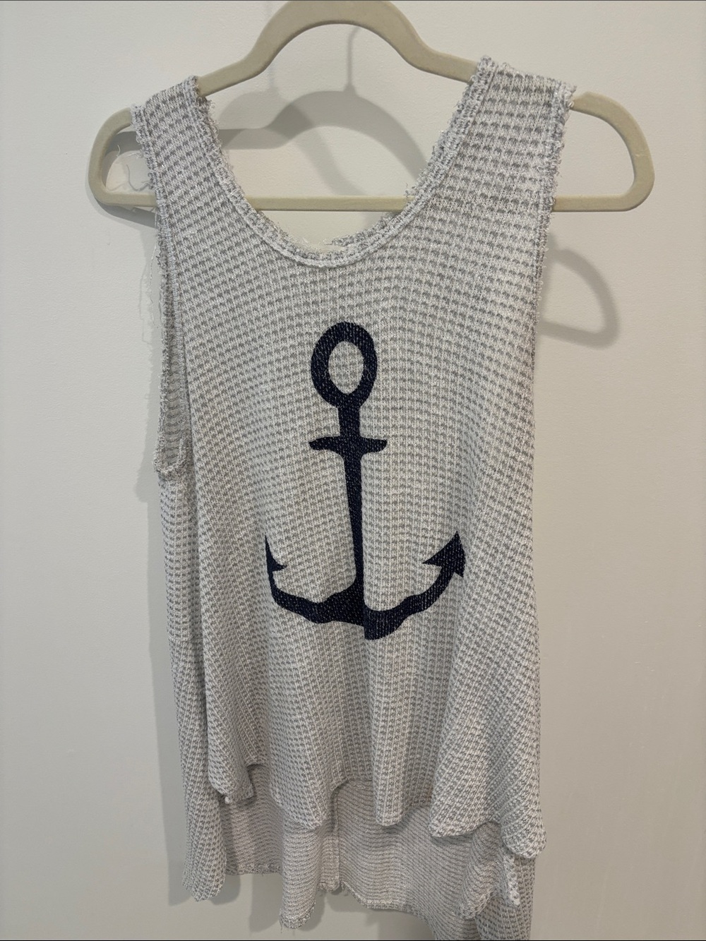 Sleeveless Anchor Waffle-Knit Tank Top - White with Navy Anchor